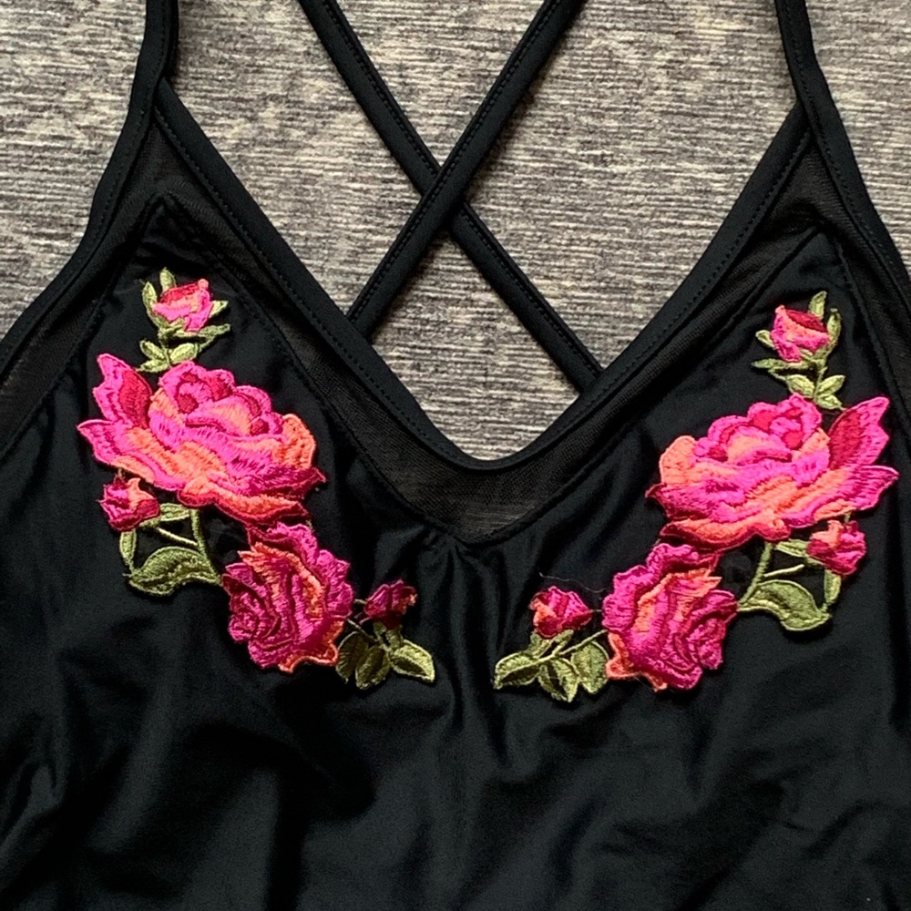 Xhilaration Embroidered One Piece Swimsuit Black Cross Back Mesh Floral S - Picture 4 of 10